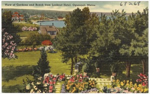 View of gardens and beach from Lookout Hotel, Ogunquit, Maine
