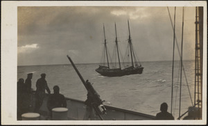 Sailing vessel in winter 1927 appearing to be assisted by USCGC Manning off Norfolk, VA
