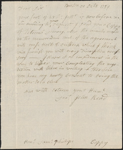 John Read to Samuel Phillips, 30 October 1789