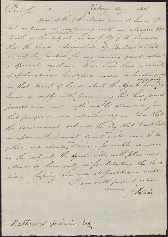 John Read to Nathaniel Goodwin, May 1806