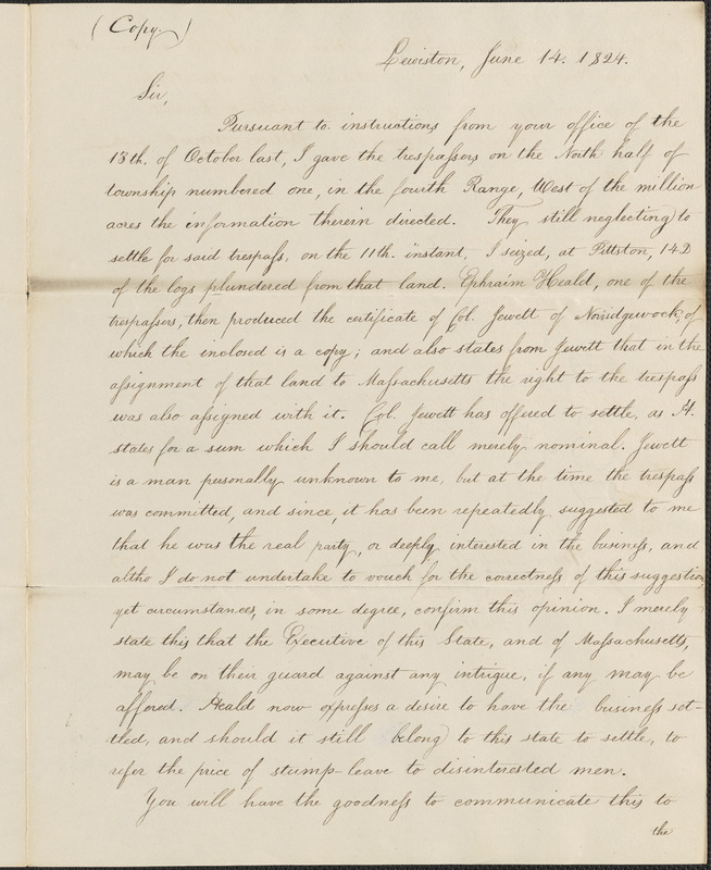 Copy of Letter from Oliver Herrick to the Maine House and Senate, 14 June 1824