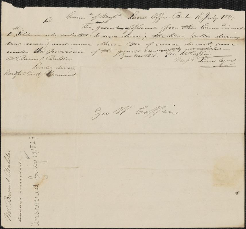 Barach Balster to George Coffin, 1829