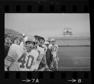 Boston College football coach Joe Yukica (center) and players seen on the sidelines during a game against Holy Cross at Schaefer Stadium