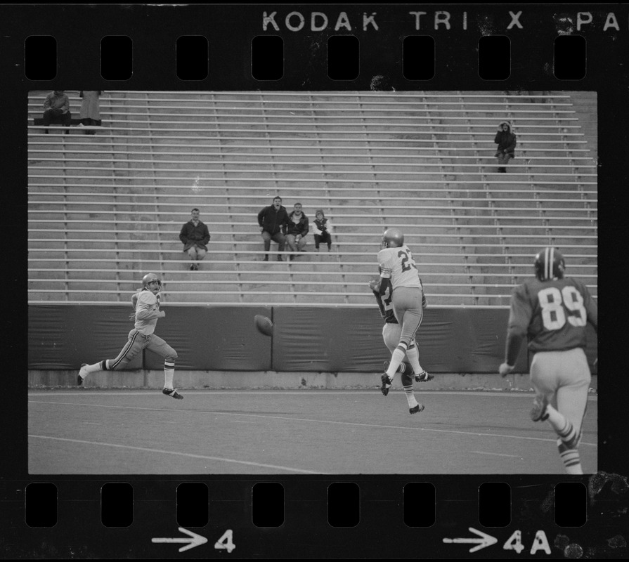 Football pass mid- air during Boston College vs. Holy Cross football game at Schaefer Stadium