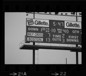 Scoreboard during second quarter of a Boston College vs. Holy Cross football game at Schaefer Stadium