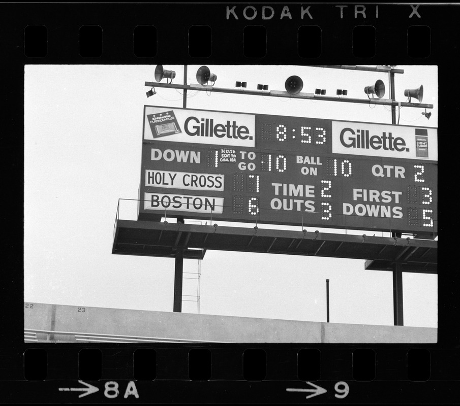 Scoreboard during second quarter of a Boston College vs. Holy Cross football game at Schaefer Stadium