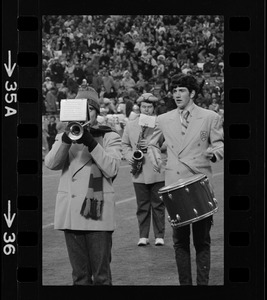 Band members playing during halftime of a Boston College vs. Holy Cross football game at Schaefer Stadium