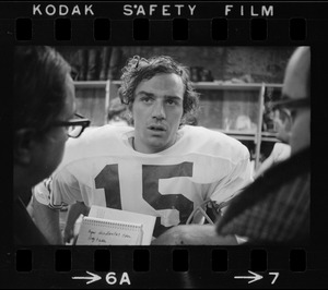 Boston College football player Ray Rippman (15) speaking to press during a game against Holy Cross at Schaefer Stadium