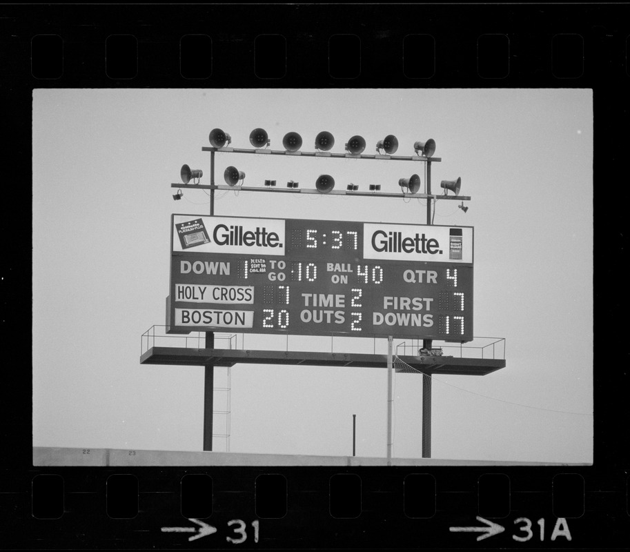 Scoreboard during fourth quarter of a Boston College vs. Holy Cross football game at Schaefer Stadium