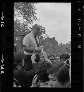 Massachusetts Senate president, Maurice A. Donahue, speaking to crowd gathered in front of the State House to protest US march into Cambodia and the killing of four Ohio students at Kent State