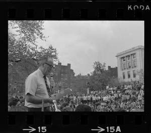 President of the Massachusetts Senate, Maurice A. Donahue, speaking to crowd gathered in front of the State House to protest US march into Cambodia and the killing of four Ohio students at Kent State