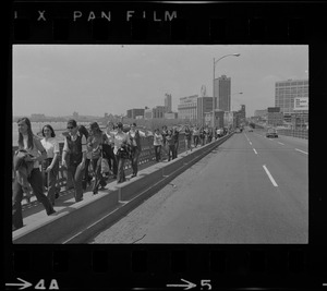 Students from Boston area colleges and universities march across bridge from Cambridge to Boston to protest US march into Cambodia and the killing of four Ohio students at Kent State
