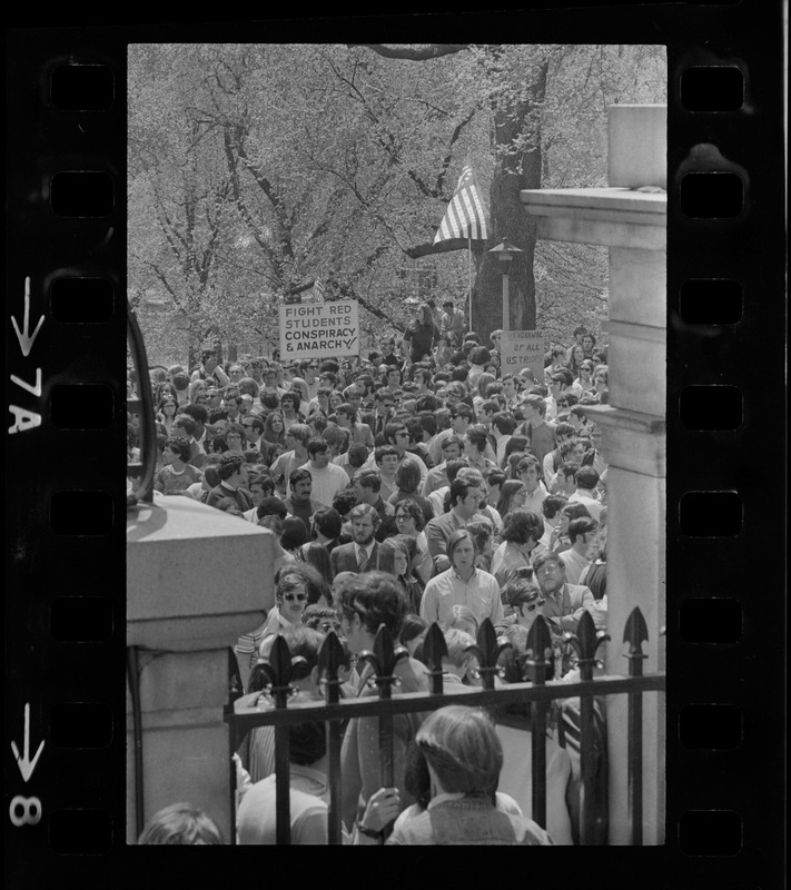 Thousands of Boston area college students gathered in front of the State House to protest US march into Cambodia and the killing of four Ohio students at Kent State