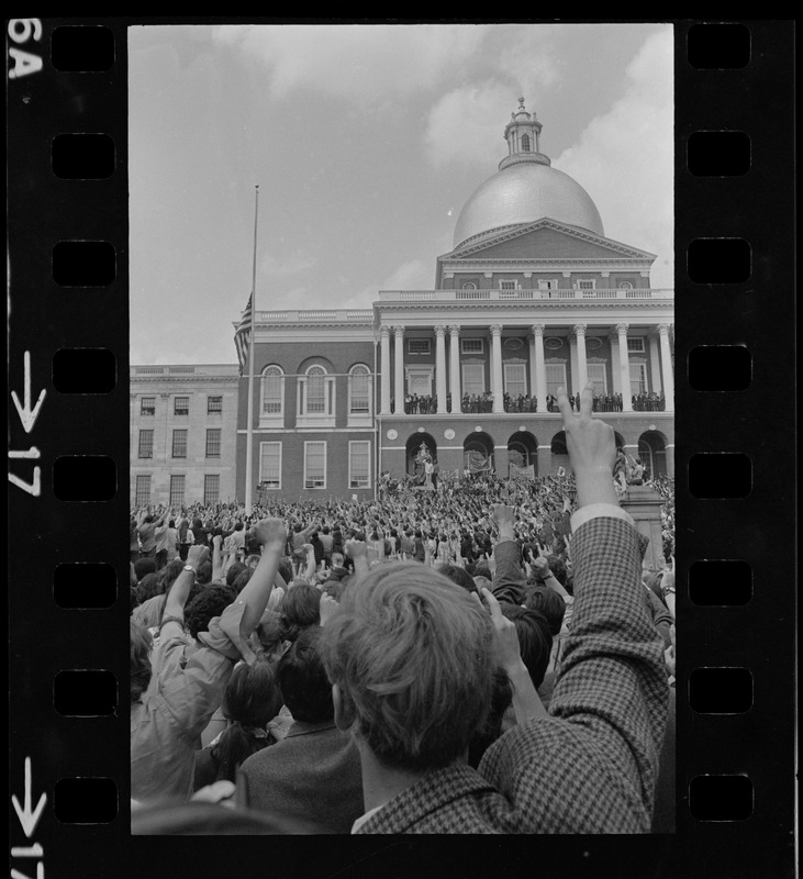 Thousands of Boston area college students gathered in front of the State House to protest US march into Cambodia and the killing of four Ohio students at Kent State