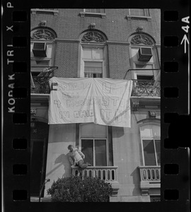 Banner that reads "Cambodia and 4 Murders in Ohio, Let's Stop It Now" hung outside 96 Beacon Street, Boston