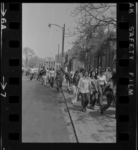 Students march across JFK Street in Cambridge toward Harvard Yard in protest against US march into Cambodia and the killing of four Ohio students at Kent State