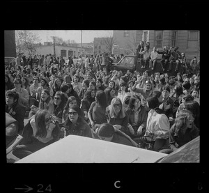 Students gathered and listening to speaker during demonstration against US march into Cambodia and the killing of four Ohio students at Kent State