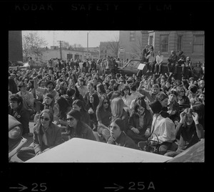 Students gathered and listening to speaker during demonstration against US march into Cambodia and the killing of four Ohio students at Kent State