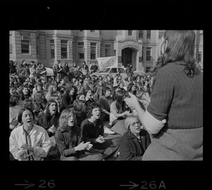 Students gathered and listening to speaker during demonstration against US march into Cambodia and the killing of four Ohio students at Kent State