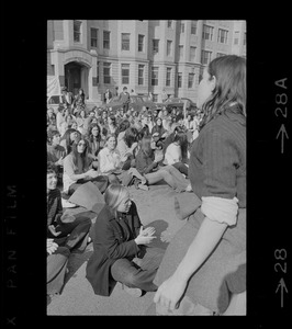 Students gathered and listening to speaker during demonstration against US march into Cambodia and the killing of four Ohio students at Kent State