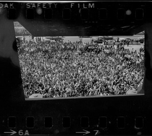 View from an open window of a crowd on Boston University's Marsh Plaza protesting US march into Cambodia and the killing of four Ohio students at Kent State