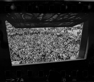 View from an open window of a crowd on Boston University's Marsh Plaza protesting US march into Cambodia and the killing of four Ohio students at Kent State