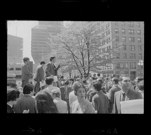 Student protesters speaking against US march into Cambodia and the killing of four Ohio students at Kent State to a crowd gathered around the George Thorndike Angell Memorial