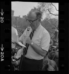 Massachusetts Senate president, Maurice A. Donahue, speaking at student protest against US march into Cambodia and the killing of four Ohio students at Kent State in front of the State House
