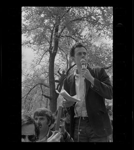 Man speaking to students gathered in front of the State House to protest US march into Cambodia and the killing of four Ohio students at Kent State