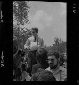 Rep. H. James Shea Jr. speaking to Boston area college students gathered in front of the State House to protest US march into Cambodia and the killing of four Ohio students at Kent State