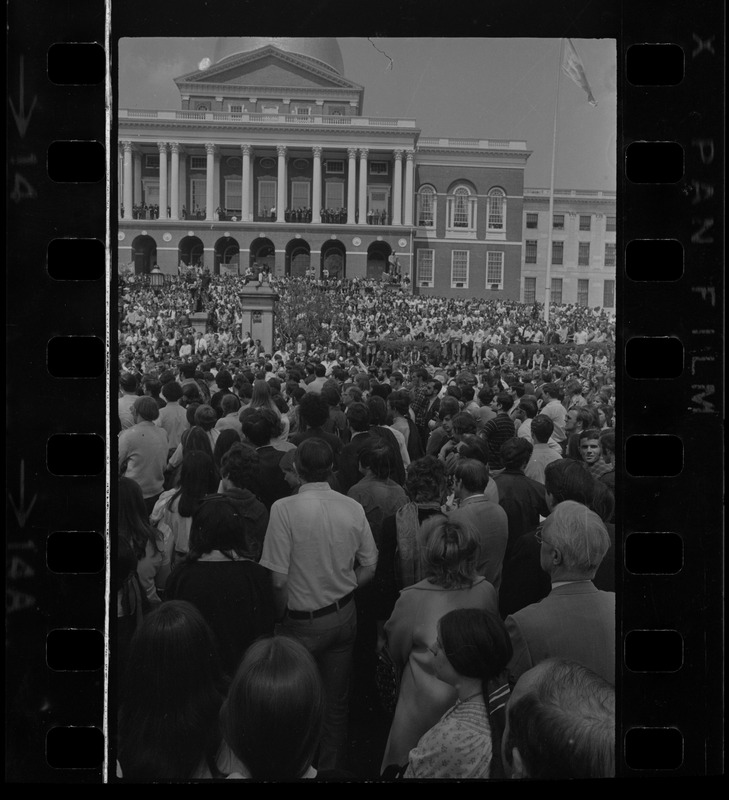 Thousands of Boston area college students gathered in the Boston Common in front of the State House to protest US march into Cambodia and the killing of four Ohio students at Kent State