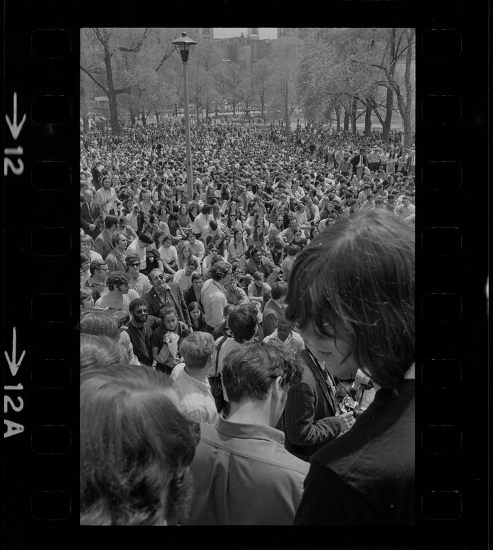 Thousands of Boston area college students gathered in the Boston Common in front of the State House to protest US march into Cambodia and the killing of four Ohio students at Kent State