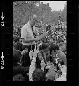 Massachusetts Senate president, Maurice A. Donahue, speaking to Boston area college students gathered in front of the State House to protest US march into Cambodia and the killing of four Ohio students at Kent State