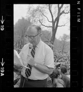Massachusetts Senate president, Maurice A. Donahue, speaking to Boston area college students gathered in front of the State House to protest US march into Cambodia and the killing of four Ohio students at Kent State
