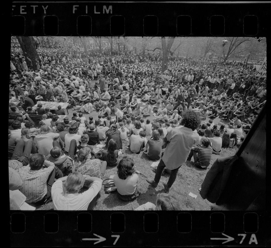 Thousands of Boston area college students gathered in the Boston Common in front of the State House to protest US march into Cambodia and the killing of four Ohio students at Kent State