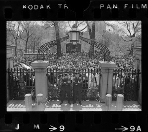 Thousands of Boston area college students gathered in front of the State House gates to protest US march into Cambodia and the killing of four Ohio students at Kent State