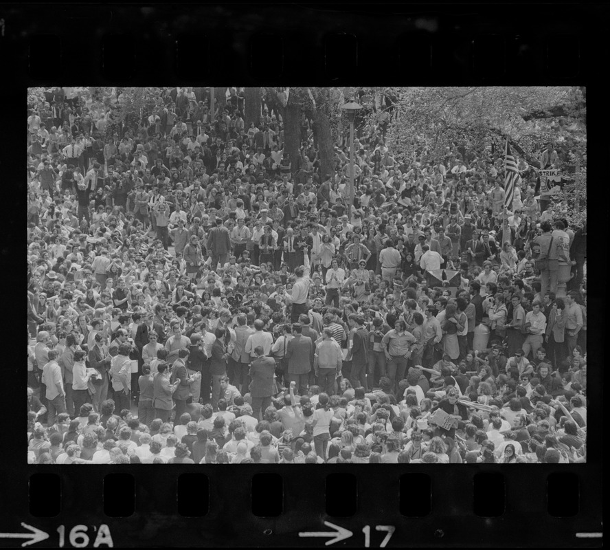 Rep. H. James Shea Jr. speaking to student protesters gathered in front of the State House to protest US march into Cambodia and the killing of four Ohio students at Kent State