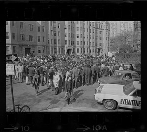 Crowd of Boston area college students gathered in street in protest against of the US invasion into Cambodia and the killing of four Ohio students at Kent State
