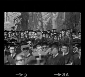 Members of the graduate class of Tufts University seen standing in the audience during the commencement exercises