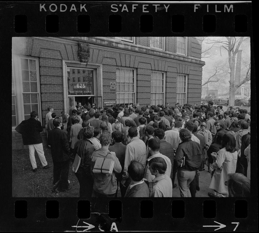 Students gathered outside the Boston State College administration building where student occupation occurred