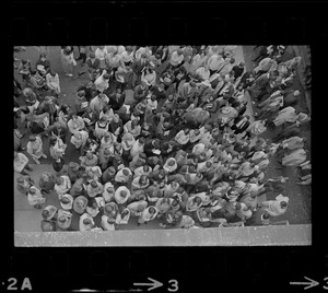 Overhead view of students gathered outside the Boston State College administration building where students have seized an office