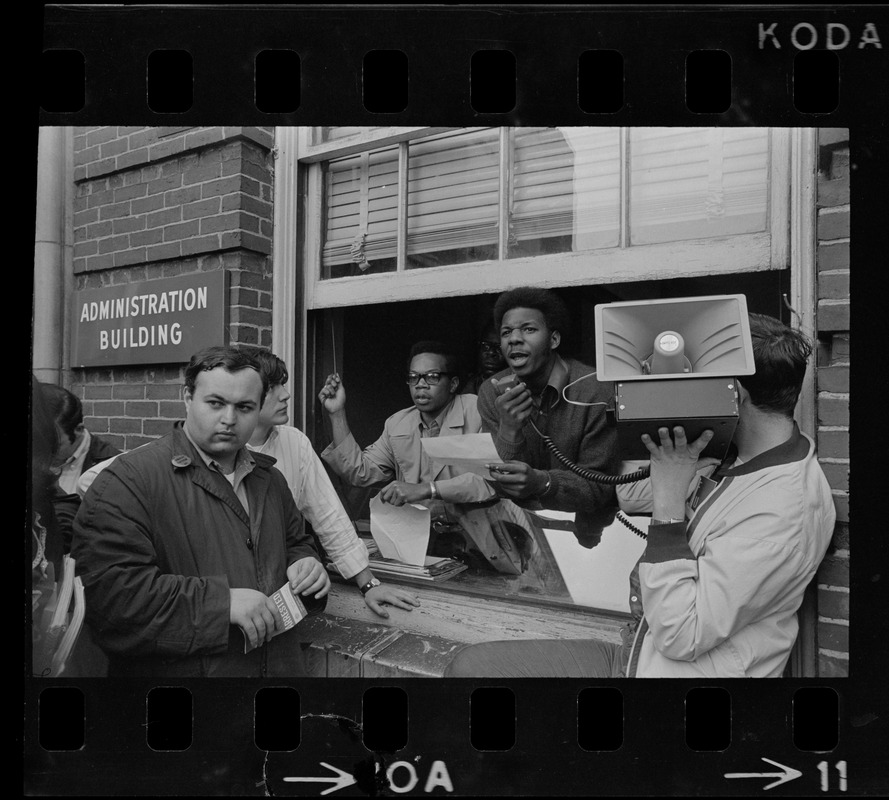 Black students speaking to gathering after seizing administration office at Boston State College