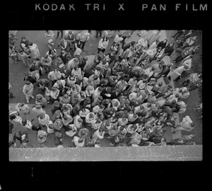 Overhead view of students gathered outside the Boston State College administration building where students have seized an office