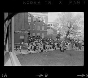 Crowd gathered outside the Boston State College administration building where students have seized an office