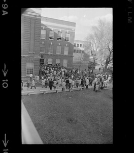 Crowd gathered outside the Boston State College administration building where students have seized an office