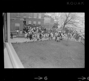 Crowd gathered outside the Boston State College administration building where students have seized an office