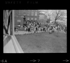 Crowd gathered outside the Boston State College administration building where students have seized an office