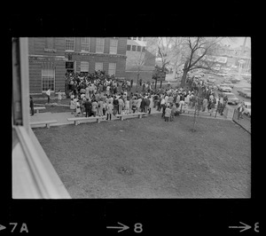 Crowd gathered outside the Boston State College administration building where students have seized an office