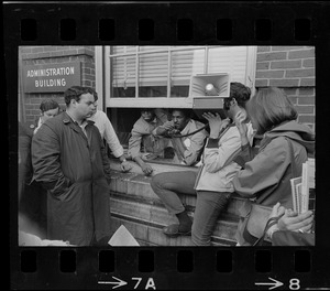 Black students speaking to gathering after seizing administration office at Boston State College
