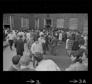 Crowd gathered outside the Boston State College administration building where students have seized an office